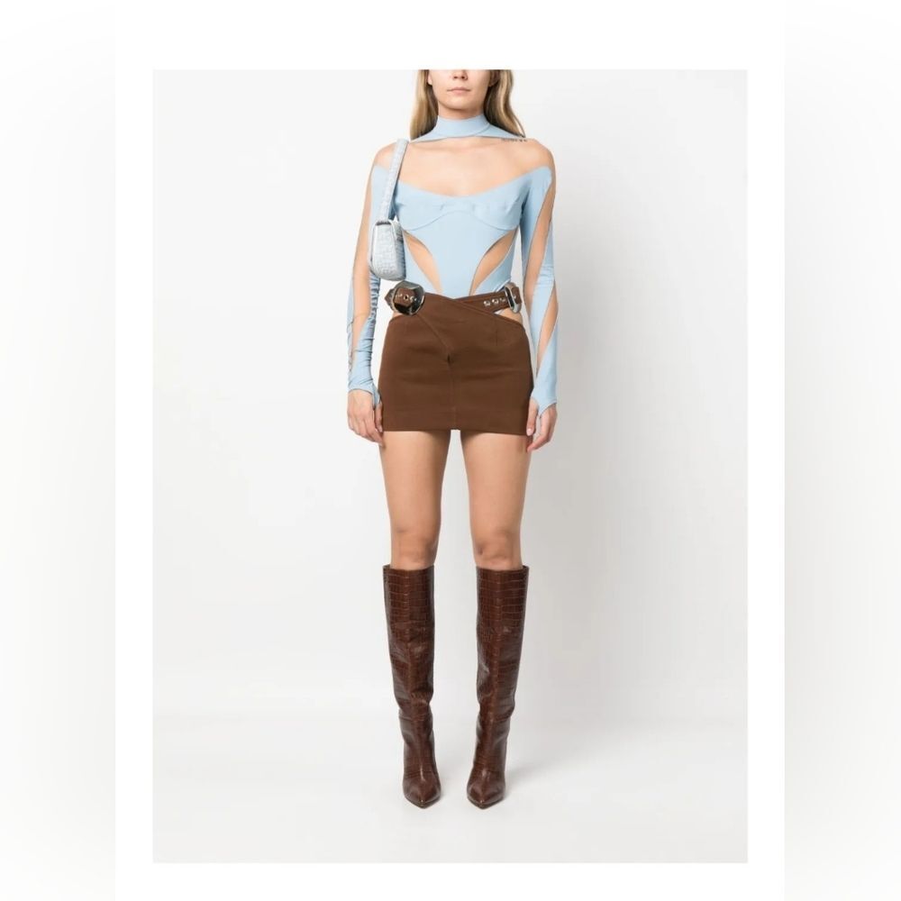 Mugler Illusion Cutout Bodysuit – Light Blue Mesh, Size 8 | NWT